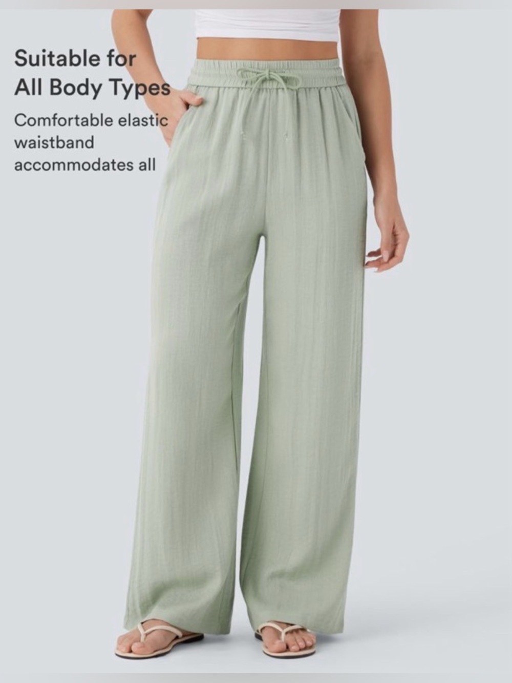 High Waisted Drawstring Pocket Wide Leg Casual Linen-Feel Pants - Picture 5 of 6